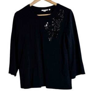 Chico's Black Long Sleeve Embellished Floral Sequined Ponte Top US size L